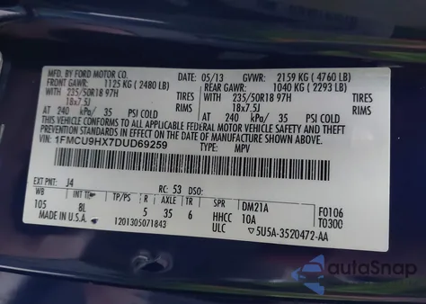 2013 Ford Escape Sel from USA, damaged, VIN 1FMCU9HX7DUD69259